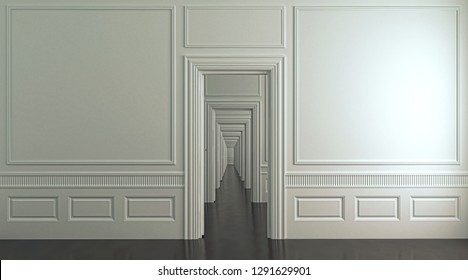 Empty Architectural Interior With An Endless Sequence Of Communicating Doors, 3d Illustration, 3d Render