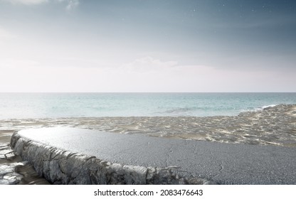 Empty Asphalt Floor For Car Park. 3d Rendering Of Gray Road With Beach And Sea View Background.