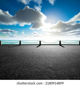 Empty Asphalt Highway And Blue Sea Nature Landscape At Sunset 3d Rendering