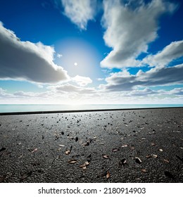 Empty Asphalt Highway And Blue Sea Nature Landscape At Sunset 3d Rendering