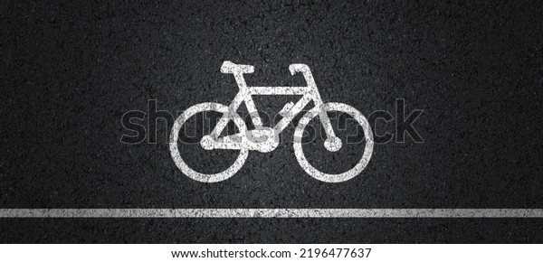 Empty asphalt road\
with cycle track and bike sign white dividing lines safety first,\
Top view,\
illustrations