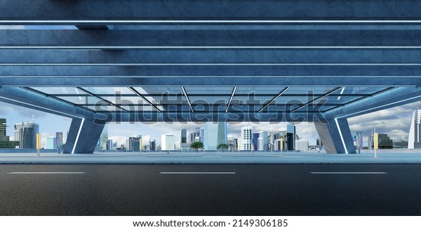 Empty asphalt roadside under the bridge with\
cityscape background . 3d\
rendering