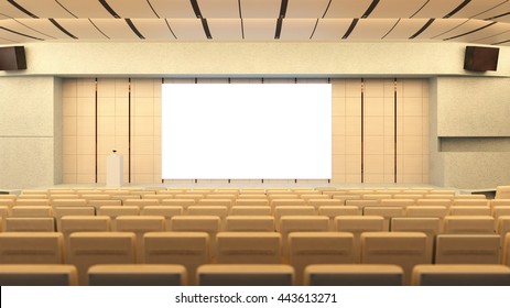 Empty Auditorium In Conference Hall With Stage And Canvas (3D Rendering)