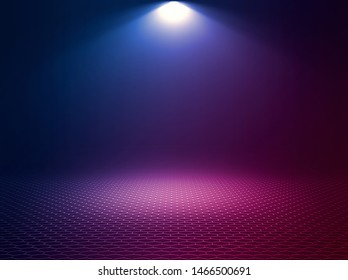Empty background scene. Dark reflection of the street on the wet asphalt. Rays of blue and red neon light in the dark, neon figures, smoke. Background of empty stage show. Abstract dark background.