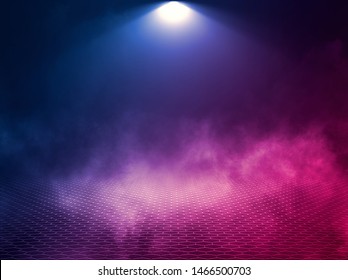 Empty Background Scene. Dark Reflection Of The Street On The Wet Asphalt. Rays Of Blue And Red Neon Light In The Dark, Neon Figures, Smoke. Background Of Empty Stage Show. Abstract Dark Background.