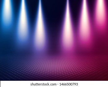 Empty background scene. Dark reflection of the street on the wet asphalt. Rays of blue and red neon light in the dark, neon figures, smoke. Background of empty stage show. Abstract dark background.