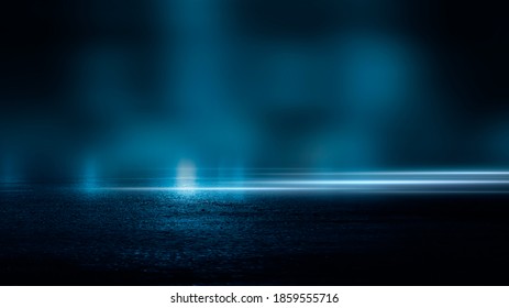 Empty background scene. Dark street reflection on the wet pavement. Rays of neon light in the dark, neon figures, smoke. Night view of the street, the city. Abstract dark background. 3D illustration
