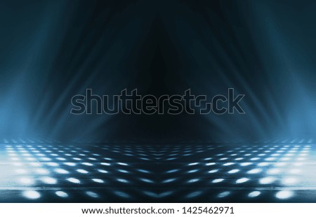 Empty background scene. Dark street reflection on the wet pavement. Rays  neon light in the dark, neon figures, smoke. Night view of the street, the city. Abstract dark background.