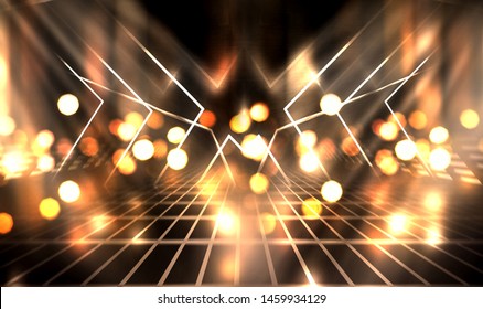 Empty background scene. Golden bokeh, blurred rays. Rays of neon light in the dark, neon figures, smoke. Background of empty stage show. Abstract dark background.