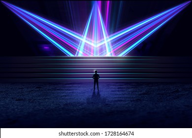 Empty background scene. rays of searchlights, neon blue and purple  light, highlights and lights. Night view of the scene. Dark background with spotlights.