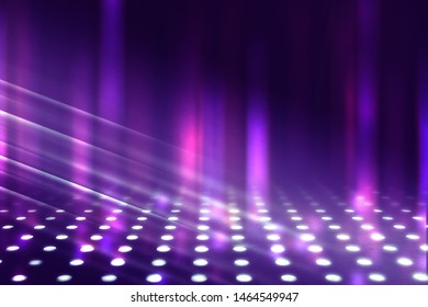 Empty background scene. Ultraviolet light, bokeh, blurred rays. Rays of neon light in the dark, neon figures, smoke. Background of empty stage show. Abstract dark background.