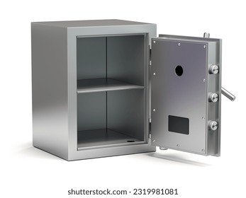 Caja fuerte de banco vacía aislada en blanco. Seguridad y protección. 3.ª ilustración