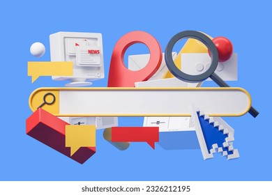 Empty bar with web design elements on blue background, diverse icons with mock up speech bubbles. Information browse on the internet. Concept of online search. 3D rendering illustration