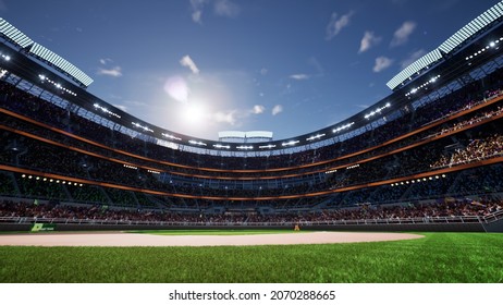 Empty Baseball Stadium Arena With Fans Crowd In The Sunny Day Lights 3d Illustration