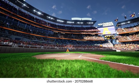 empty baseball stadium arena with fans crowd in the sunny day lights 3d illustration
