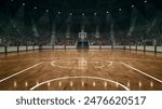 Empty basketball arena with perfectly placed markings, illuminated by powerful lights nd crowdy stages on background. Concept of sport games, competition, championship, action and motion