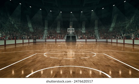 Empty basketball arena with perfectly placed markings, illuminated by powerful lights nd crowdy stages on background. Concept of sport games, competition, championship, action and motion - Powered by Shutterstock