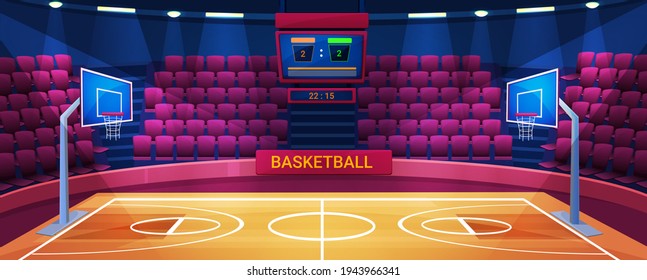 Empty Basketball Arena, Sport Stadium Illustration, Cartoon Flat Court Field Interior With Illumination, Scoreboard Screen, Sport Game Equipment Background