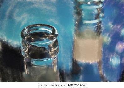 Empty Beer Bottles, Upper Part, In Front Of A Switched On Momitor. Selective Focus. Concept For Alcohol Abuse And Alcohol Dependency At The Workplace