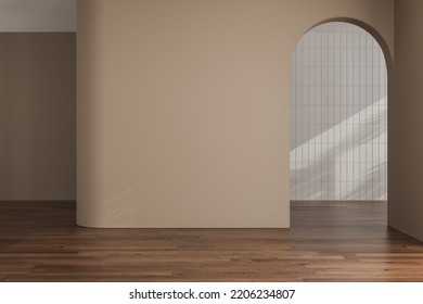 Empty Beige Room With Beige Wall, White Tiles Wall, Parquet Floor, Sun Rays. 3d Rendering