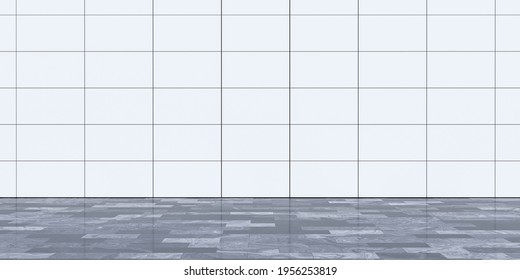 Empty Big White Hall Building Interior With White Wall Tiles And Dark Marble Floor 3d Render Illustration