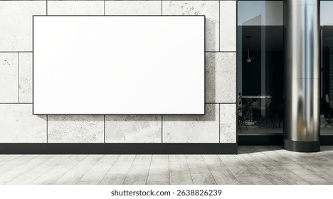 Empty billboard mounted on tiled stone facade outside modern building, clean white background, 3D Rendering, concept of outdoor advertising