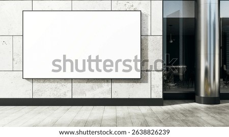 Empty billboard mounted on tiled stone facade outside modern building, clean white background, 3D Rendering, concept of outdoor advertising