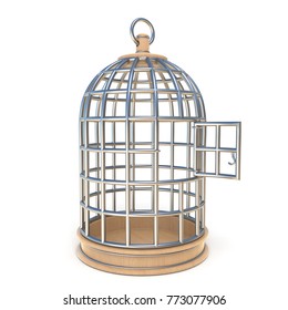 Empty bird cage opened 3D render illustration isolated on white background