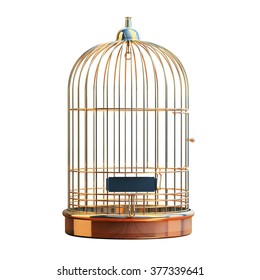 Empty Bird Golden Cage Isolated On White Background. Bird Cage Rustic Vintage Style. Bird Cage Icon. Golden Brass Metal Prison Concept. Prisoner. Symbol Of Freedom And Release.