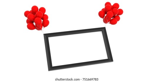 Empty black frame and red balloons isolated on white background. 3d illustration