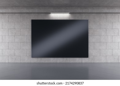 Empty black screen banner with reflections in concrete tile urban underground interior. Advertisement and commercial concept. Mock up, 3D Rendering