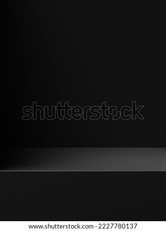 Empty black shelf table desktop display on blank 3d background product template with modern interior stand space object or advertising presentation showcase illustration backdrop dark floor room wall.