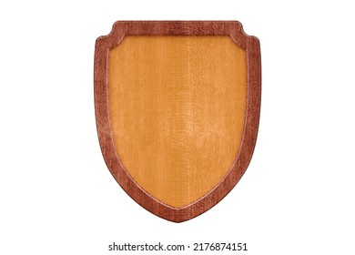 Empty, Blank Coat Of Arms, Emblem Or Crest Wood Sign, Board Or Plaque With Dark Wood Frame And Bevelled Corners Isolated On White Background, 3D Illustration