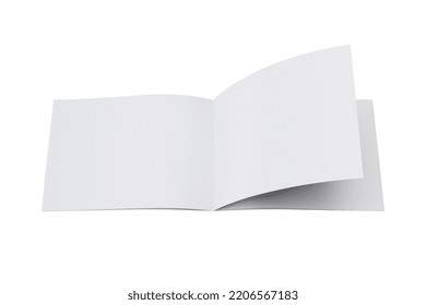 Empty Blank Landscape Bi-fold Open Brochure Mockup Isolated On White Background. 3d Rendering.