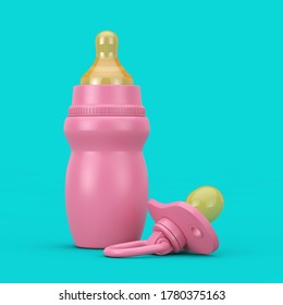 Empty Blank Pink Baby Milk Bottle with Pacifier in Duotone Style on a blue background. 3d Rendering