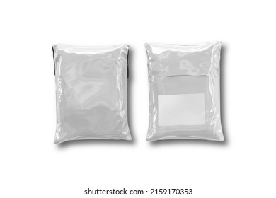 Empty blank white plastic parcel bag isolated on a grey background. Shipping Plastic Bag Postal Packing. Postal package. 3d rendering. front and back view.