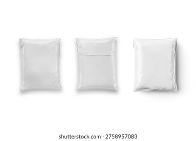 Empty blank white plastic parcel bag mockup front and back side isolated on a grey background. Shipping Plastic Bag Postal Packing. Postal package. 3d rendering.