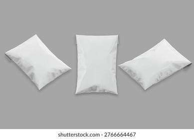 Empty blank white plastic parcel bag isolated on a grey background. Shipping Plastic Bag Postal Packing. Postal package. 3d rendering. front and side view.