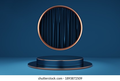 Empty blue and black cylinder podium with copper border on gold circle arch and curtain background. Abstract minimal studio 3d geometric shape object. Pedestal mockup space of product design. 3d rende