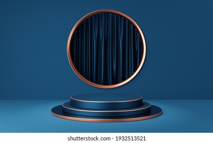 Empty Blue And Black Cylinder Podium With Copper Border On Gold Circle Arch And Curtain Background. Abstract Minimal Studio 3d Geometric Shape Object. Pedestal Mockup Space For Display. 3d Rendering.