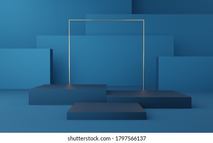 Empty blue cube podium with gold border and gold square on blue box background. Abstract minimal studio 3d geometric shape object. Mockup space for display of product design. 3d rendering.