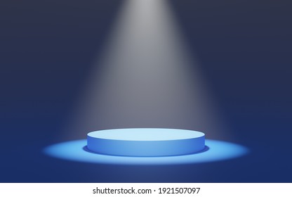 Empty Blue Cylinder Podium With Fog On Bright Background. Pedestal Illuminated By Spotlights. Abstract Minimal Studio 3d Geometric Object. Mockup Space For Display Of Product Design. 3d Rendering.