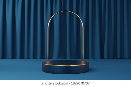 Empty blue cylinder podium with gold border and gold arch on blue curtain background. Abstract minimal studio 3d geometric shape object. Mockup space for display of product design. 3d rendering.