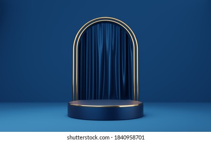 Empty Blue Cylinder Podium With Gold Border On Blue Arch And Curtain Background. Abstract Minimal Studio 3d Geometric Shape Object. Mockup Space For Display Of Product Design. 3d Rendering.