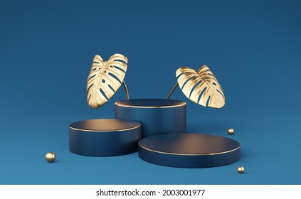 Empty Blue Cylinder Podium With Gold Border And 2 Monstera Deliciosa Leaf On Blue Background. Abstract Minimal Studio 3d Geometric Shape Object. Mockup Space For Cosmetic Display Design. 3d Rendering.