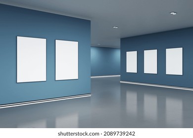 Empty Blue Gallery Interior With Blank White Mock Up Banners On Wall And Reflections On Floor. Art, No People, Museum And Exhibition Concept. 3D Rendering