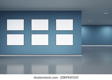 Empty Blue Gallery Interior With Blank White Mock Up Posters On Wall And Reflections On Floor. Art, No People, Museum And Exhibition Concept. 3D Rendering