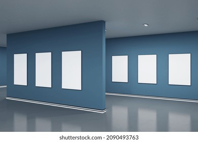 Empty Blue Gallery Interior With Blank White Mock Up Frames On Wall And Reflections On Floor. Art, No People, Museum And Exhibition Concept. 3D Rendering