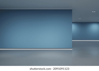 Empty Blue Gallery Interior With Mock Up Place On Wall And Reflections On Floor. Art, No People, Museum And Exhibition Concept. 3D Rendering