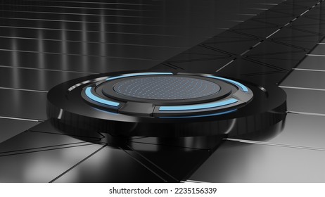 Empty blue  Light studio room futuristic sci fi big hall room with lights blue top diagonal shot 3D rendering